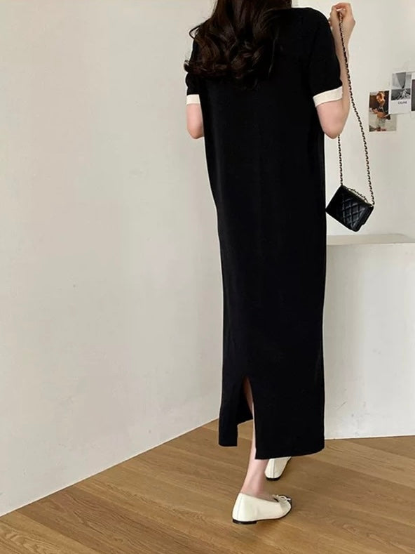 Back Slit Two Tone Solid Oversize Knitted Dress