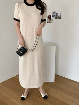 Back Slit Two Tone Solid Oversize Knitted Dress