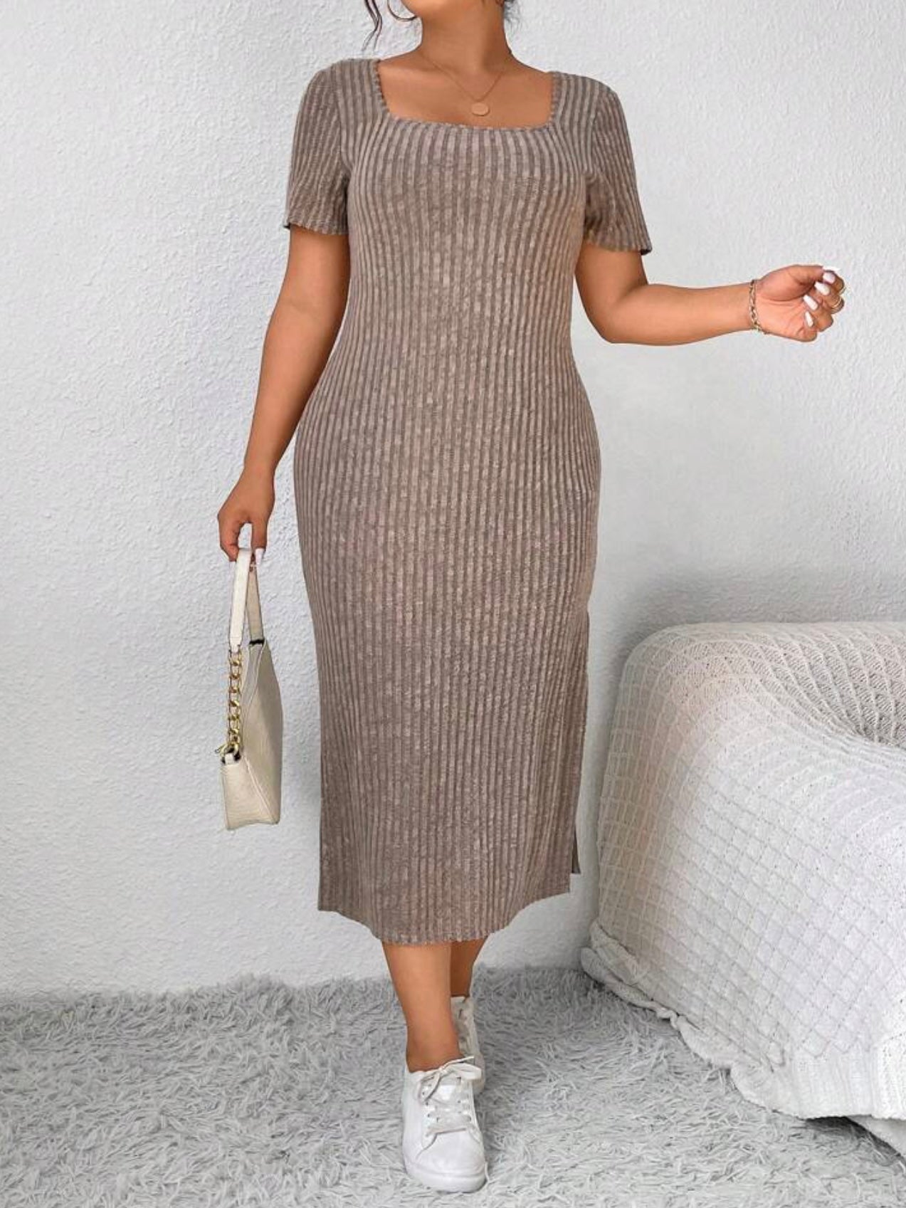 Knitted Cotton Single Side Split Square Neck Plus Size Dress