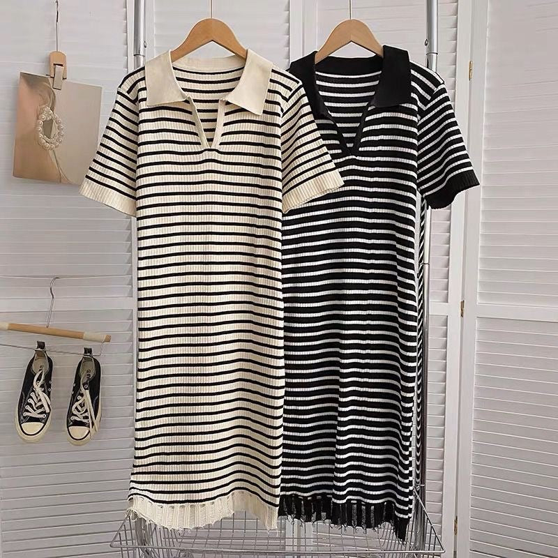 Collar Neck Tassel Hem Stripe Knitted Loose Dress