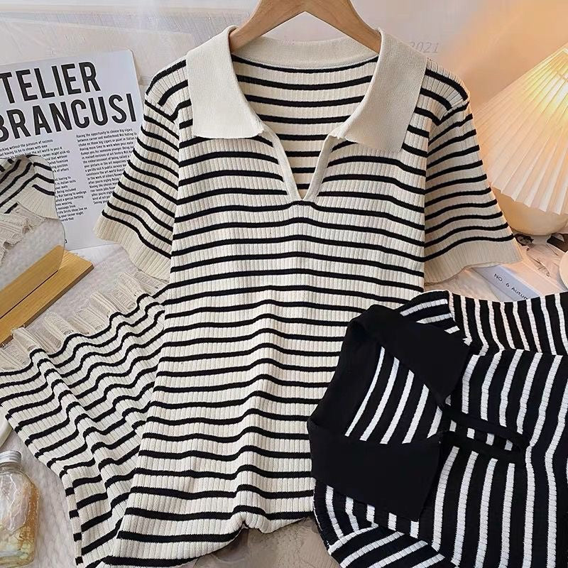 Collar Neck Tassel Hem Stripe Knitted Loose Dress