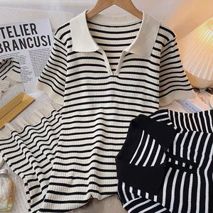 Collar Neck Tassel Hem Stripe Knitted Loose Dress