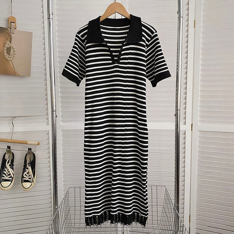 Collar Neck Tassel Hem Stripe Knitted Loose Dress