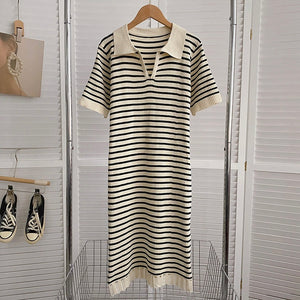 Collar Neck Tassel Hem Stripe Knitted Loose Dress