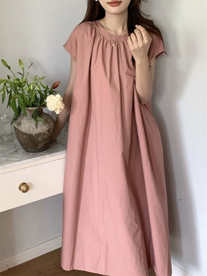 Single Button Back Pleated Round Neck Side Slit Loose Dress