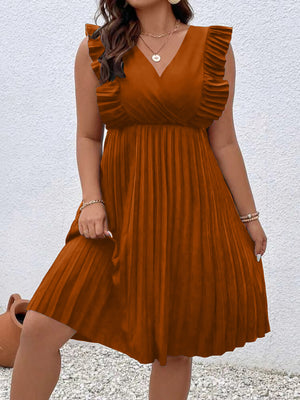 V-neck Pleated Sleeve & Hem Plus Size Dress