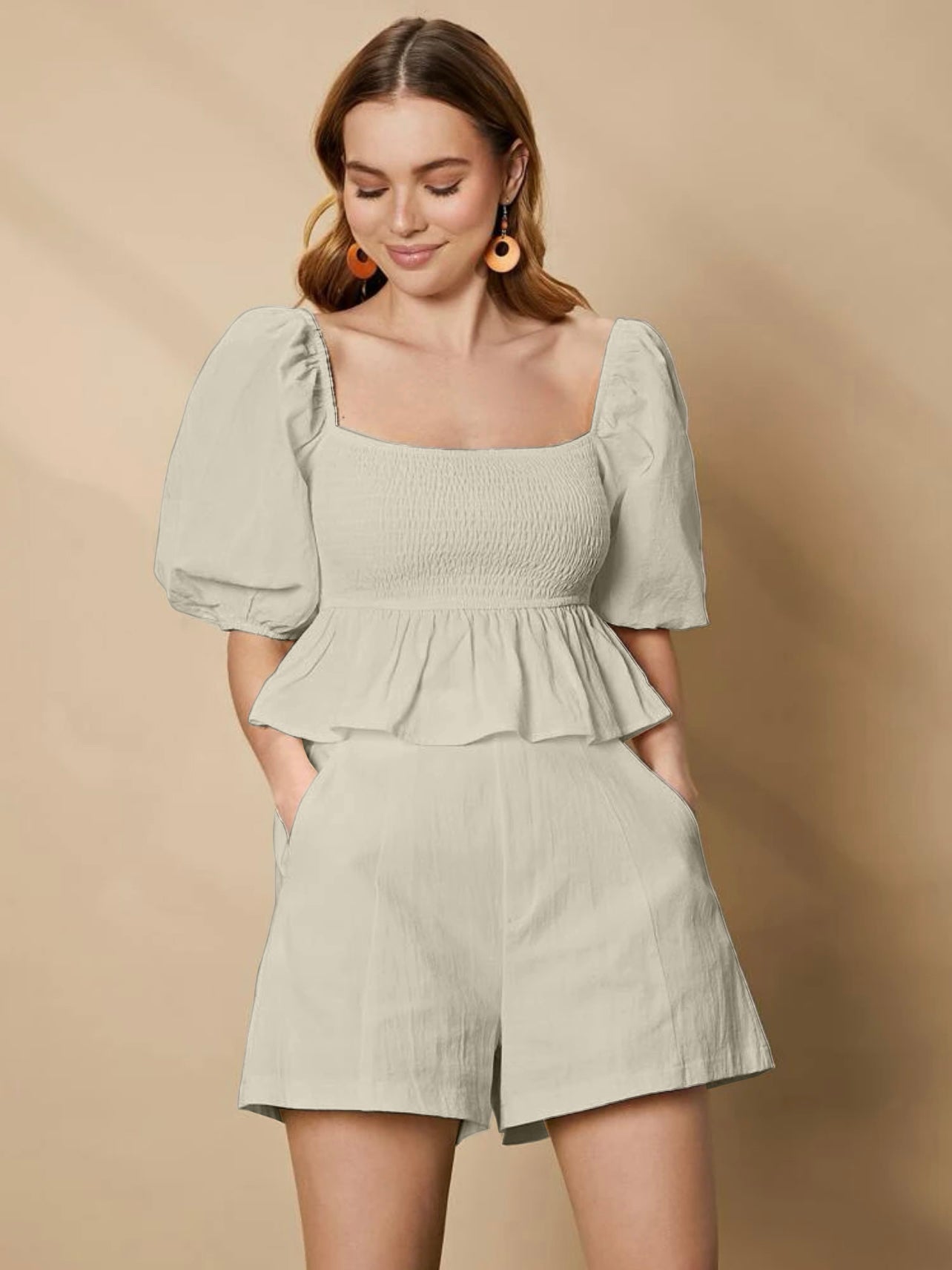 Puff Sleeve Smock Top & 2 Side Pocket Shorts 2 in 1 Coords Terno