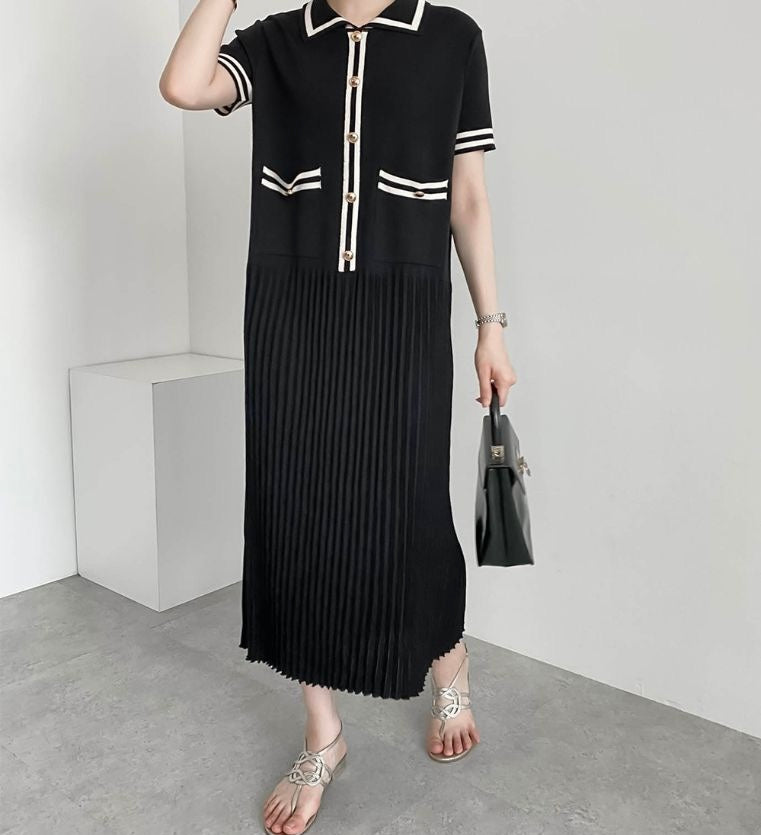 Button Detail Collar Neck Side Pocket Pleated Oversize Knitted Dress