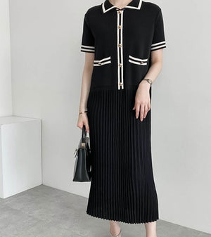 Button Detail Collar Neck Side Pocket Pleated Oversize Knitted Dress