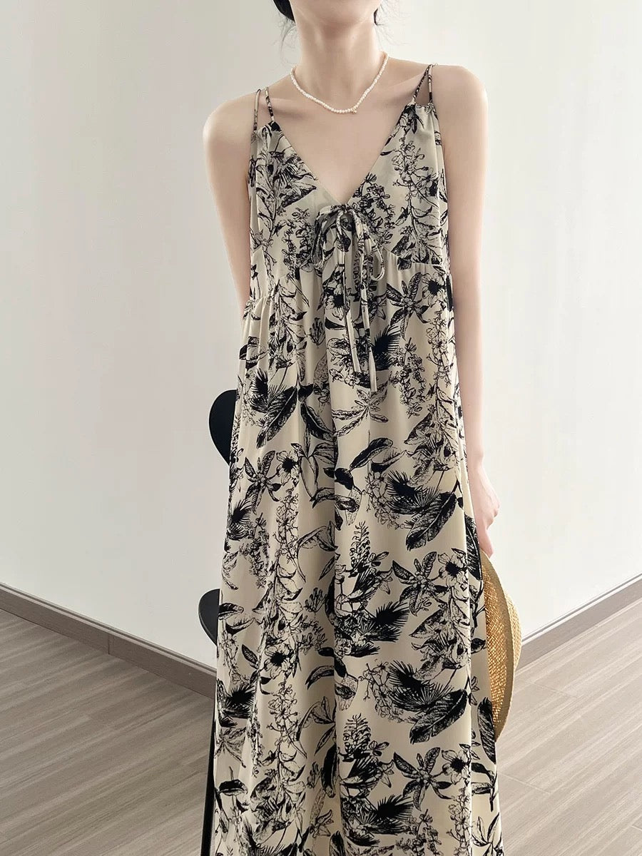 V-neck Plant Print Front Halter Neck Dress