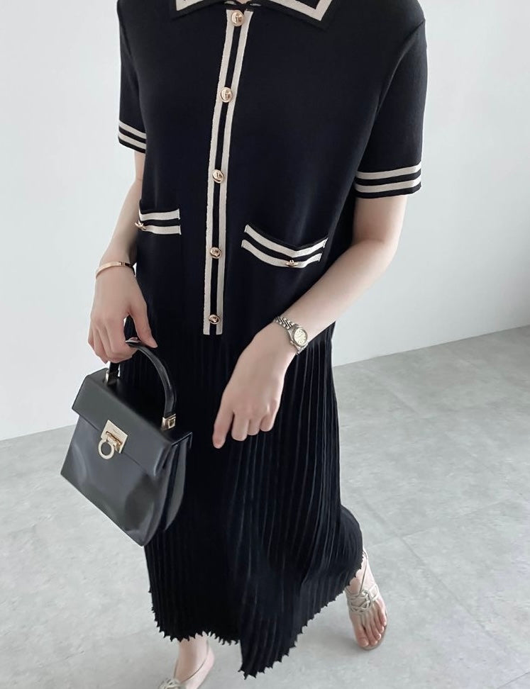 Button Detail Collar Neck Side Pocket Pleated Oversize Knitted Dress