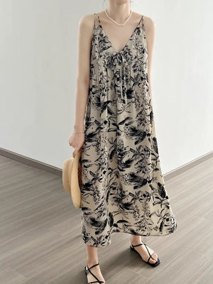 V-neck Plant Print Front Halter Neck Dress