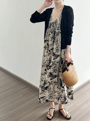 V-neck Plant Print Front Halter Neck Dress