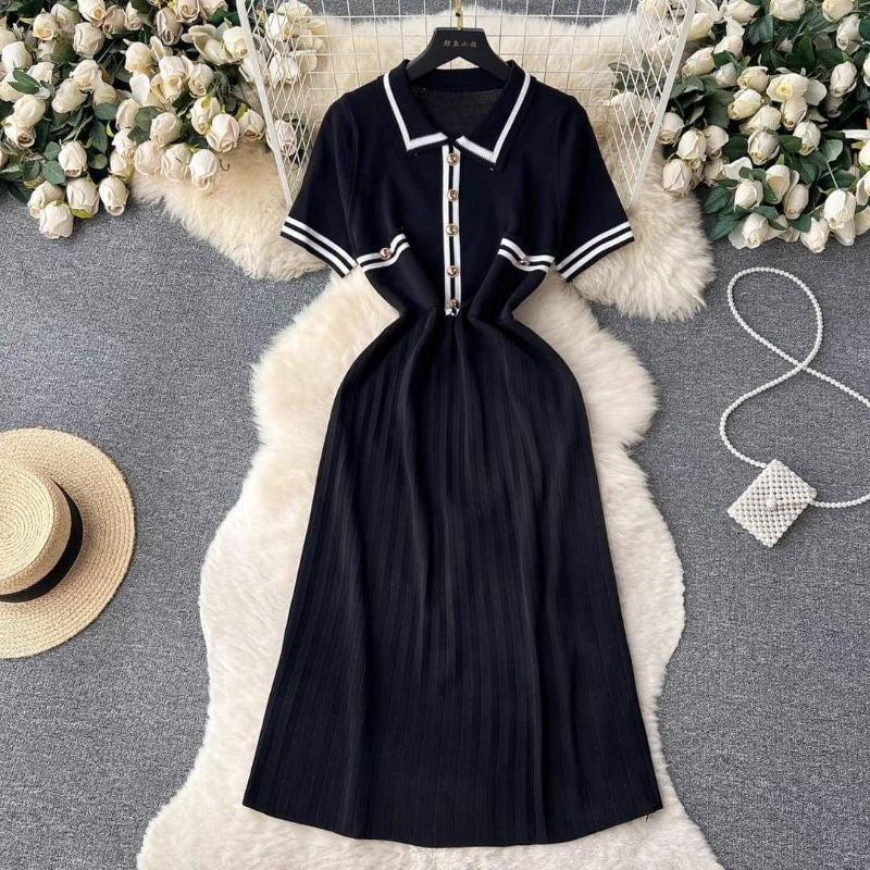 Button Detail Collar Neck Side Pocket Pleated Oversize Knitted Dress