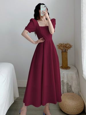 Square Neck Side Zipper Puff Sleeve Solid Dress