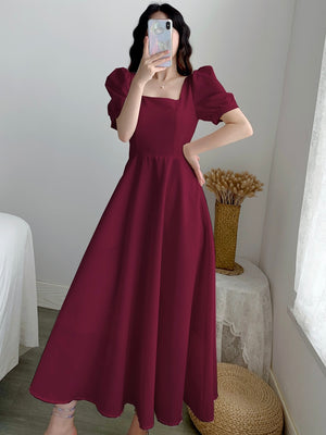 Square Neck Side Zipper Puff Sleeve Solid Dress