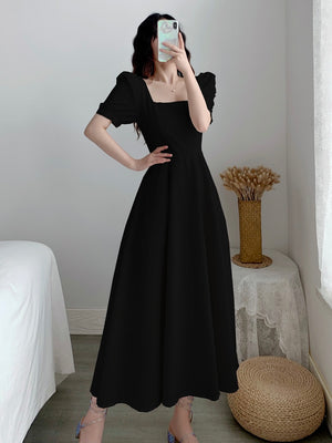 Square Neck Side Zipper Puff Sleeve Solid Dress