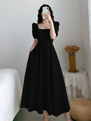 Square Neck Side Zipper Puff Sleeve Solid Dress