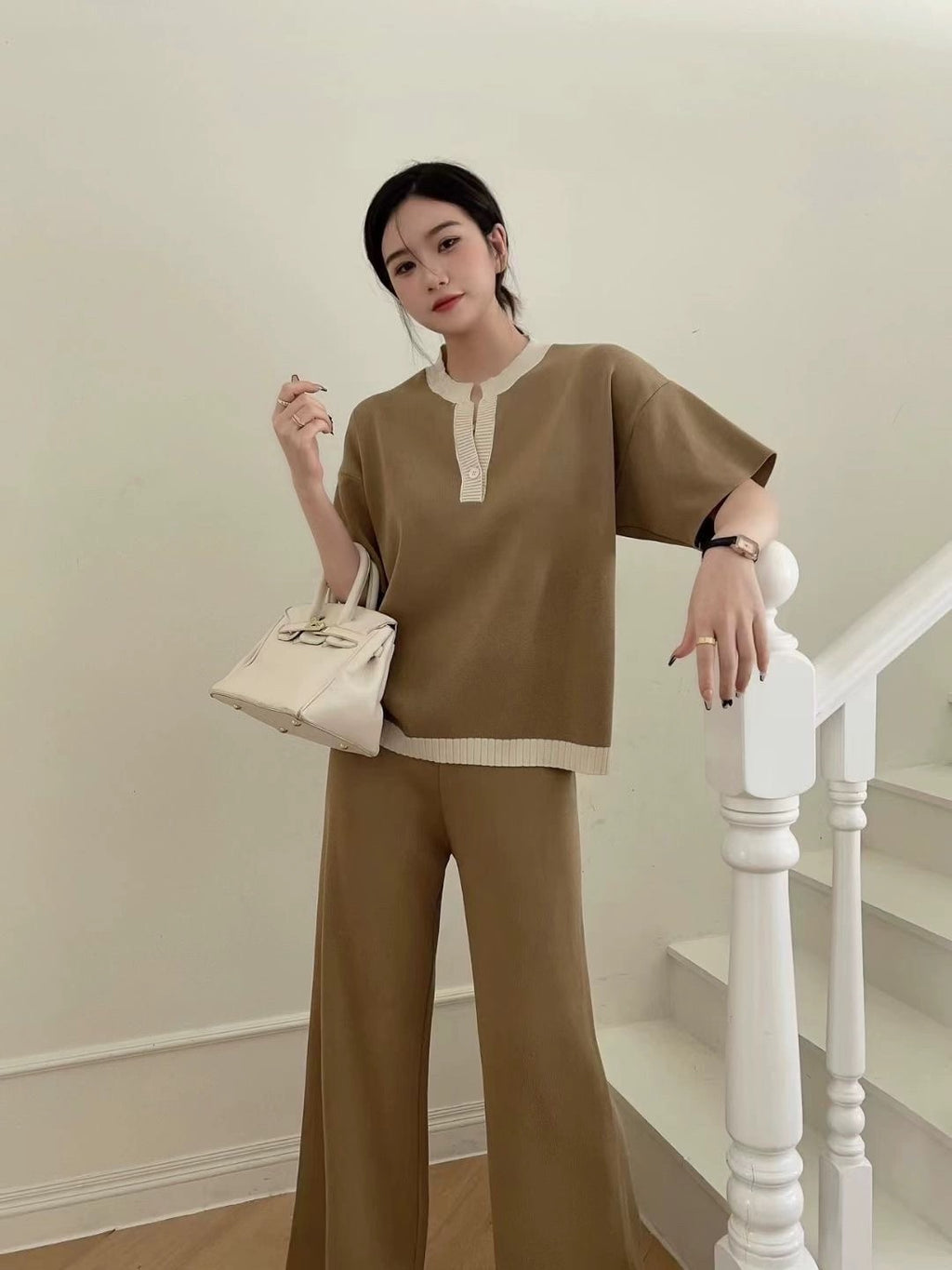 Single Button Color Trim Top & Wide Leg Pants Oversize Knitted 2 in 1 Terno Set