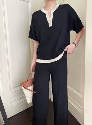 Single Button Color Trim Top & Wide Leg Pants Oversize Knitted 2 in 1 Terno Set