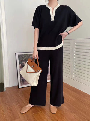 Single Button Color Trim Top & Wide Leg Pants Oversize Knitted 2 in 1 Terno Set