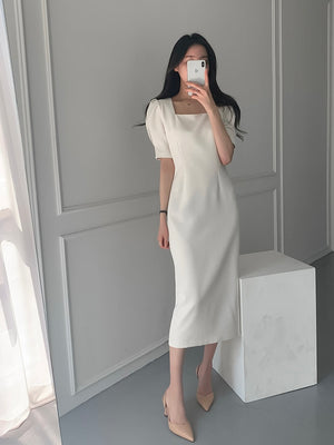 Square Neck Back Zipper Slit Back Puff Sleeve Solid Dress