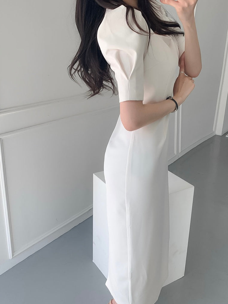 Square Neck Back Zipper Slit Back Puff Sleeve Solid Dress