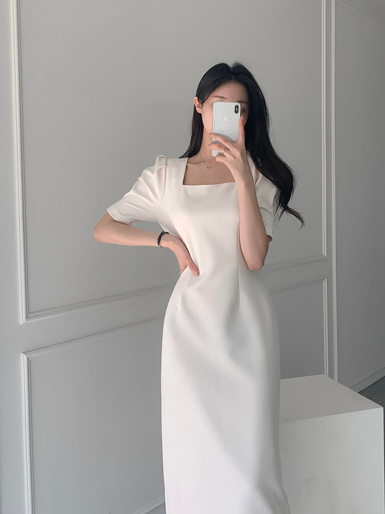 Square Neck Back Zipper Slit Back Puff Sleeve Solid Dress