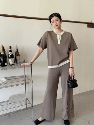 Single Button Color Trim Top & Wide Leg Pants Oversize Knitted 2 in 1 Terno Set