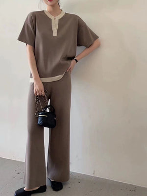 Single Button Color Trim Top & Wide Leg Pants Oversize Knitted 2 in 1 Terno Set