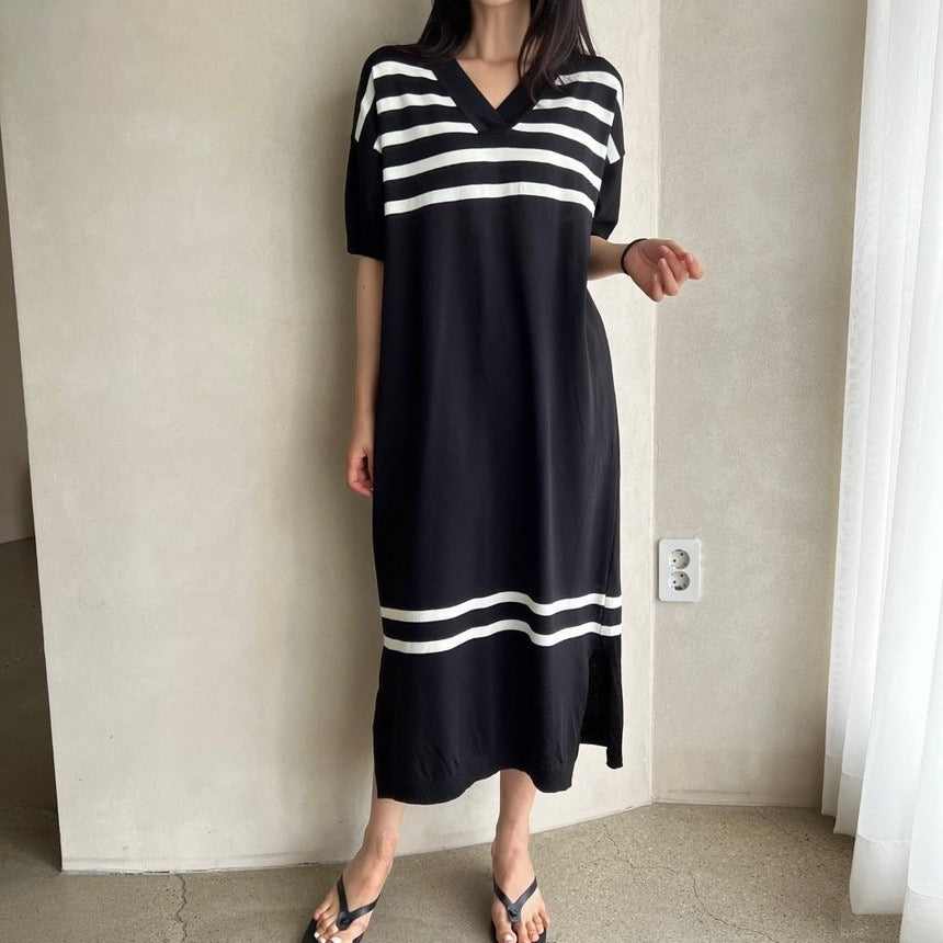Patch Batwing Sleeve V-neck Stripe Side Slit Oversize  Knitted Dress