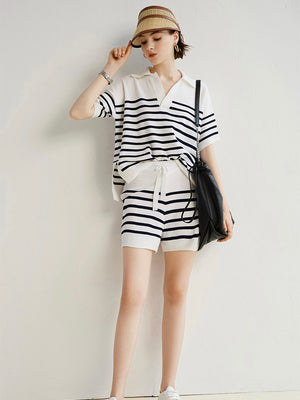 Stripe Collar Neck Side Slit Hem Top & Garter Drawstring Slit Shorts Oversize Knitted Terno Set