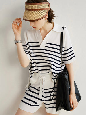 Stripe Collar Neck Side Slit Hem Top & Garter Drawstring Slit Shorts Oversize Knitted Terno Set