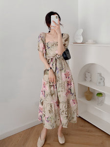 Off the Shoulder Floral Flounce Self Belt Babydoll Smock Dress