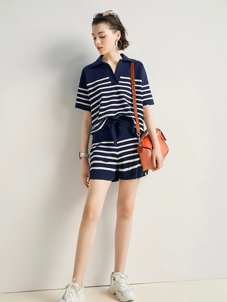 Stripe Collar Neck Side Slit Hem Top & Garter Drawstring Slit Shorts Oversize Knitted Terno Set