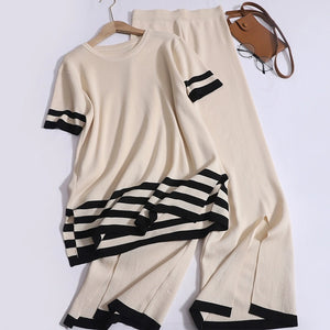 Stripe Detail Side Slit Top & Loose Side Slit Pants Oversize Knitted Terno Set Coords