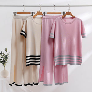 Stripe Detail Side Slit Top & Loose Side Slit Pants Oversize Knitted Terno Set Coords