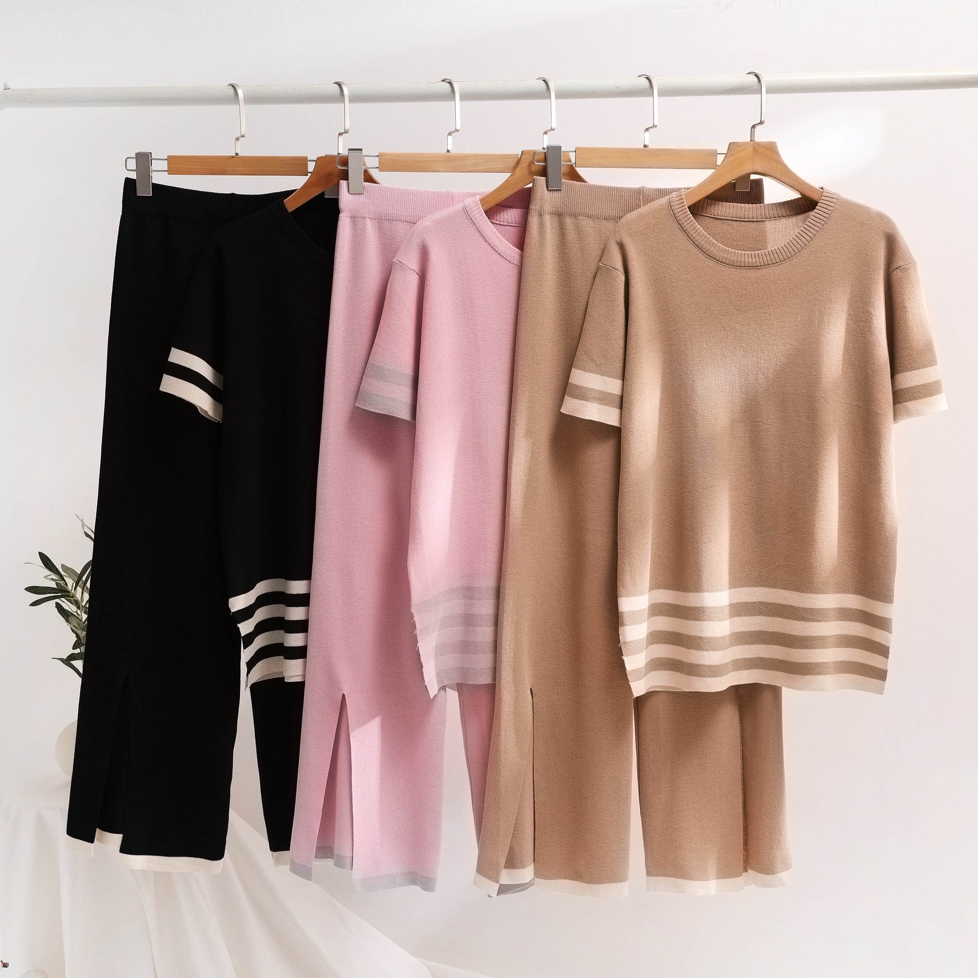 Stripe Detail Side Slit Top & Loose Side Slit Pants Oversize Knitted Terno Set Coords