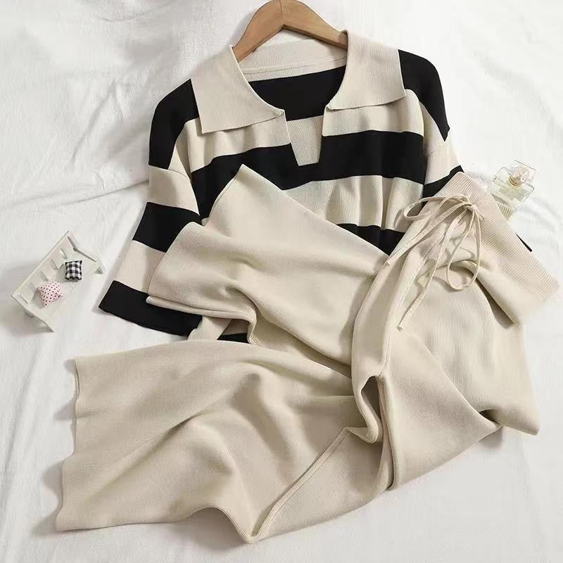 Collar Neck Mid-sleeve Stripe Top & Garter Drawstring Wide Leg Pants Oversize Knitted Terno Set