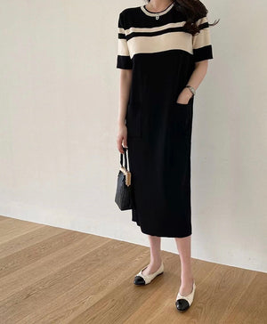 2 Side Pocket Stripe Oversize Knitted Dress