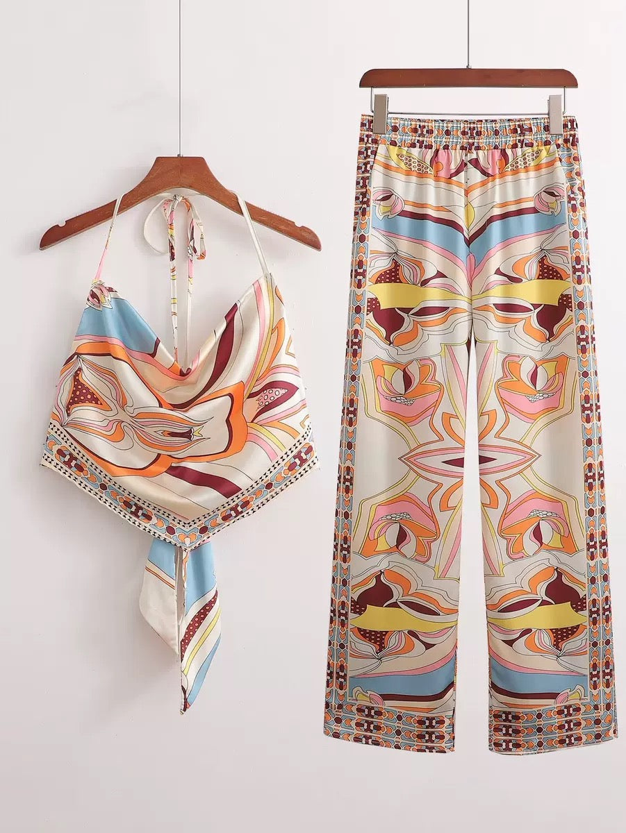 Fun Print Halter Neck Cover-up Top & Side Pocket Garter Pants Terno Set Coords