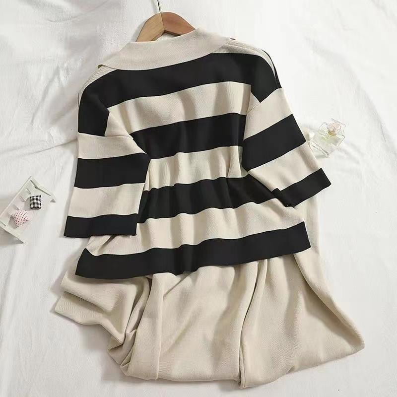 Collar Neck Mid-sleeve Stripe Top & Garter Drawstring Wide Leg Pants Oversize Knitted Terno Set