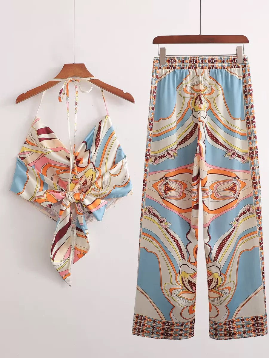 Fun Print Halter Neck Cover-up Top & Side Pocket Garter Pants Terno Set Coords