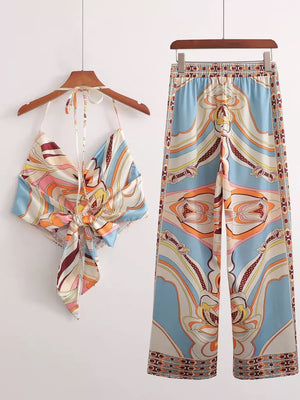 Fun Print Halter Neck Cover-up Top & Side Pocket Garter Pants Terno Set Coords