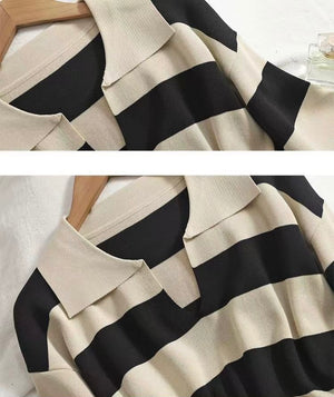 Collar Neck Mid-sleeve Stripe Top & Garter Drawstring Wide Leg Pants Oversize Knitted Terno Set