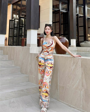 Fun Print Halter Neck Cover-up Top & Side Pocket Garter Pants Terno Set Coords