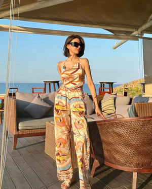 Fun Print Halter Neck Cover-up Top & Side Pocket Garter Pants Terno Set Coords