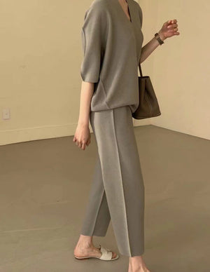 V-neck Mid-sleeve Top & Garter Loose Wide Leg Pants Oversize Knitted Terno Set Coords