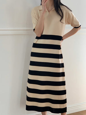 2 Tone Collar Neck Stripe Oversize Knitted Dress