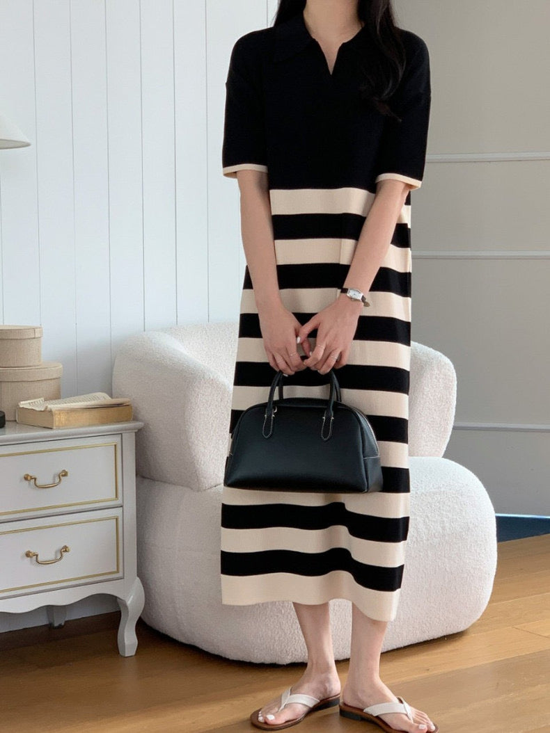 2 Tone Collar Neck Stripe Oversize Knitted Dress